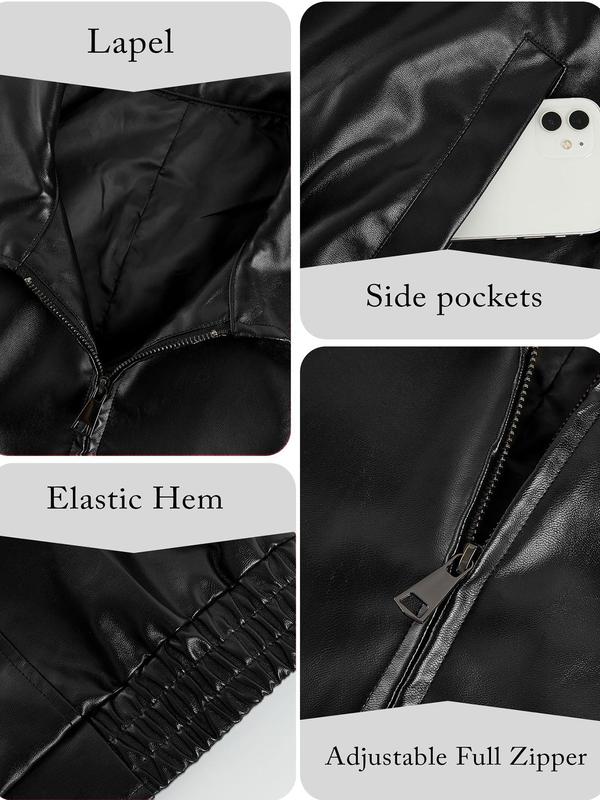 Women's Solid Pocket Zip Up Pu Leather Jacket, Street Fashion Long Sleeve Collared Outerwear for Daily Outdoor Wear,  Winter Clothes Women, Ladies Clothes for Fall & Winter, Comfort Coats for School Downtown Girl Clothes