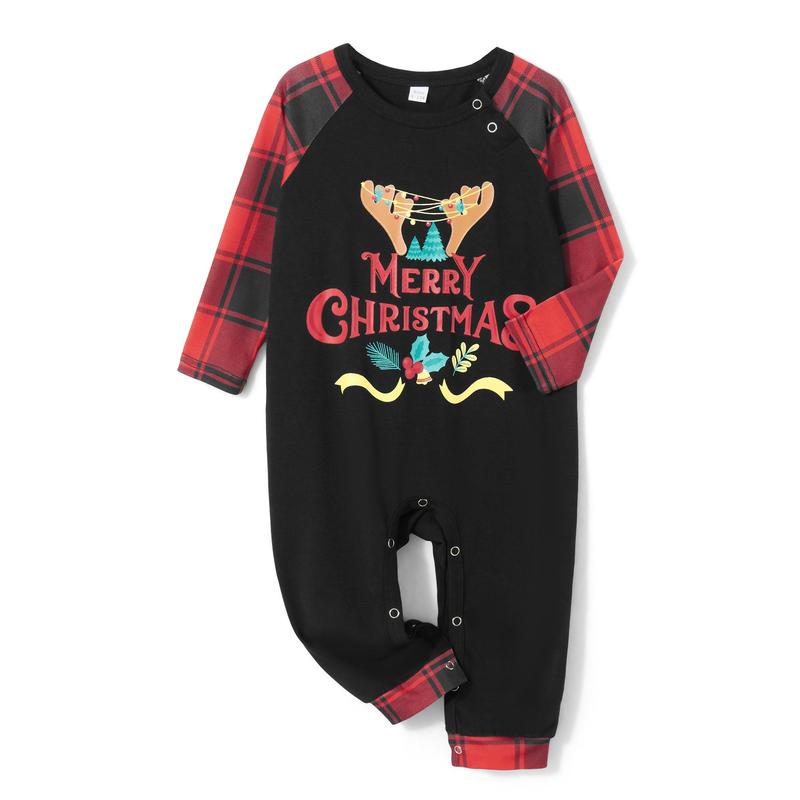 Christmas Family Pajamas Matching Set Letter Print Long Sleeve Tops and Plaid Pants Sleepwear Womenswear Check