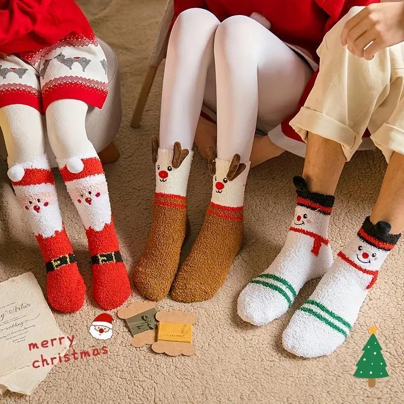 Christmas Themed Socks, 3 Pairs Cute Cartoon Reindeer & Santa Claus & Snowman Pattern Socks, Warm Floor Socks, Sleep Socks, Party Supplies