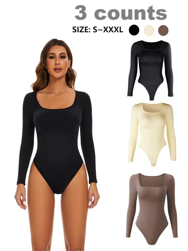 Women's Square Neck Long Sleeve Shapewear Bodysuit, Solid One-piece Tummy Control Shaper, Comfort Lady's Clothes for All Seasons