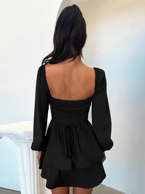 Women's Solid Backless Tie Front Bishop Sleeve Tiered Layer Dress, Elegant Sweetheart Neck Short Dress for Party Holiday Wedding Guest, Ladies Fall Clothes