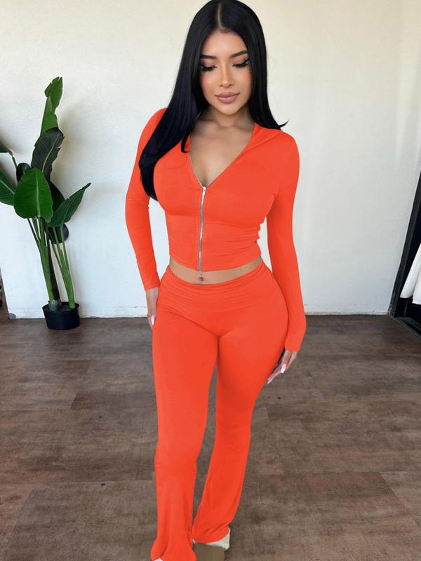 Women's Solid Zip Up Hooded Crop Top & High Waist Flare Leg Pants Set, Casual Long Sleeve Top & Bell Bottom Trousers, Vacation Outfits Sets, Ladies Spring & Fall Clothes, Fall Outfits, Fallfreshness, Fall Clothes