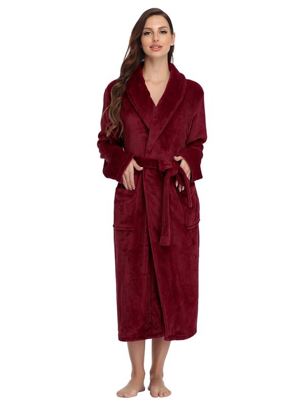 Women's Solid Dual Pocket Belted Flannel Pj Robe, Mean Girls Long Sleeve Shawl Collar Dressing Gown, 2000s Robe，Women's Sleepwear for Fall & Winter, Cold Weather Gear, Robe for Women, Fall Wear, Fallfreshness