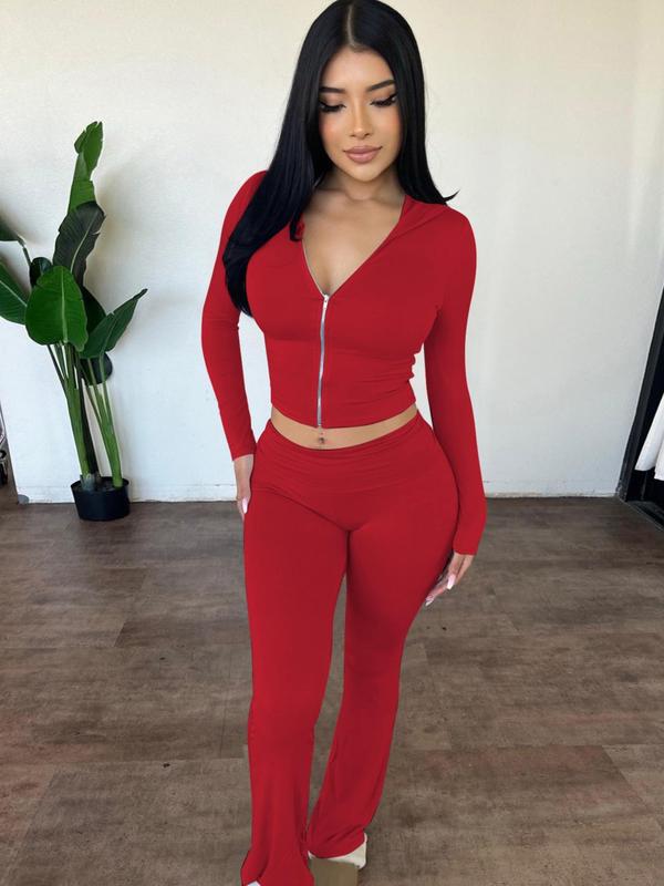 Women's Solid Zip Up Hooded Crop Top & High Waist Flare Leg Pants Set, Casual Long Sleeve Top & Bell Bottom Trousers, Vacation Outfits Sets, Ladies Spring & Fall Clothes, Fall Outfits, Fallfreshness, Fall Clothes