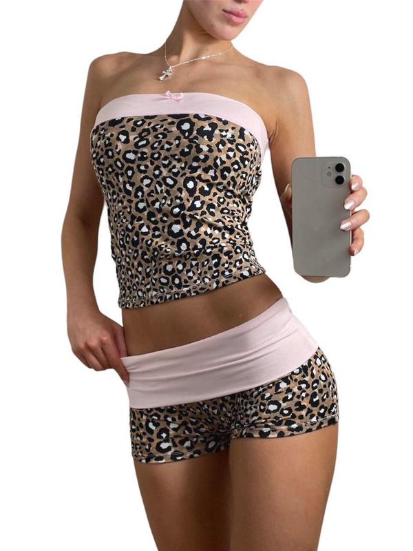 Women's Leopard Patchwork Print Crop Tube Top & Shorts Two-piece Set, Y2K Fashion Casual Two Piece Outfits for Daily Outdoor Wear, Women Clothes for Fall & Winter