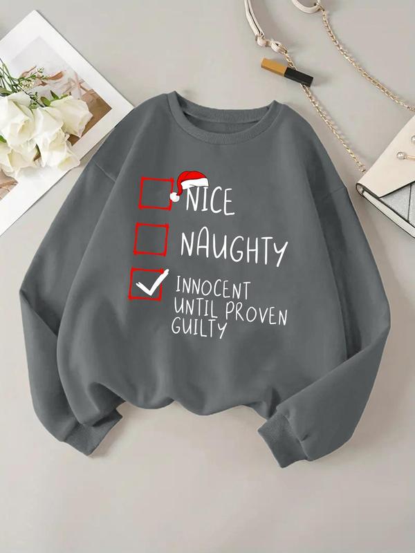 Women's Christmas Letter Print Drop Shoulder Fleece Sweatshirt, Casual Long Sleeve Round Neck Pullover for Daily Wear, Ladies Fall & Winter Clothes