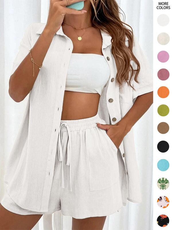 Women's Solid Button Front Shirt & Tie Front Shorts Two-piece Set, Summer Outfits 2024 Sets, Co Ords for Women, Casual Fashion Half Sleeve Drop Shoulder Top & High Waist Wide Leg Shorts Matching Sets for Back To School, Women's Clothes for Summer