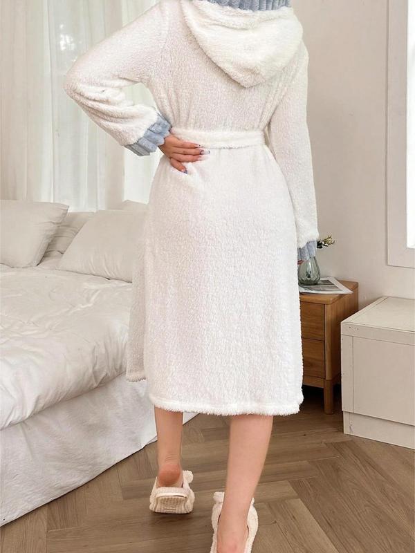 Women's Contrast Binding Belted Lounge Robe, Casual Long Sleeve Pocket Design Bathrobe, Soft Comfortable Warm Robe for Fall & Winter