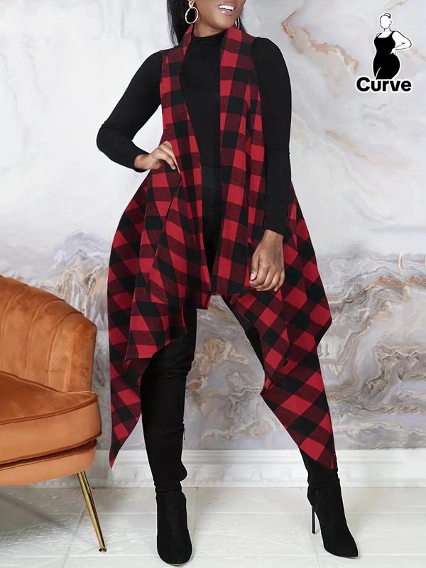 Plus Size Plaid Print Exaggerated Ruffle Trim Open Front Waistcoat, Casual Sleeveless Long Outerwear For Fall & Winter, Women's Clothes For Daily Wear, Fall Clothing