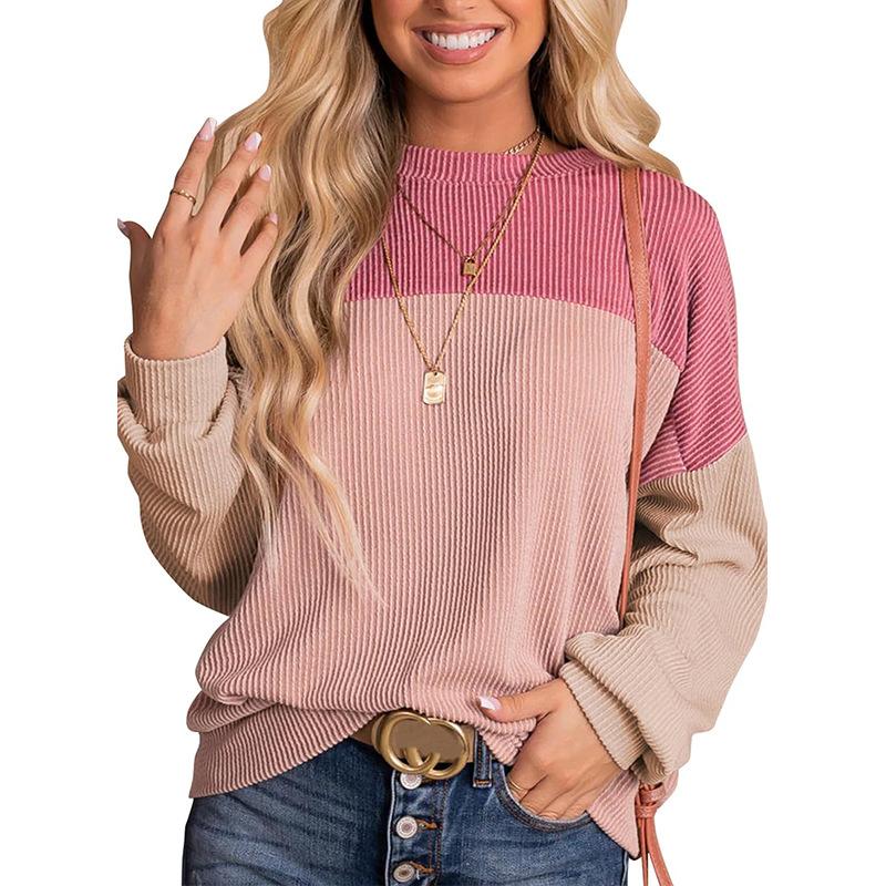 Womens Fashion New Color Block Long Sleeve Crewneck Knitted Casual Loose Pullover Shirts Tops