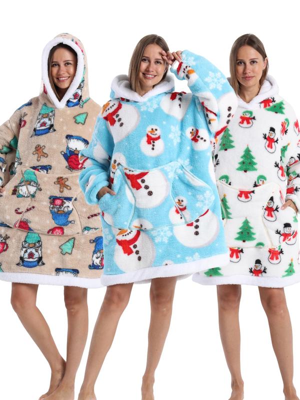 Women's Christmas Themed All Over Print Drop Shoulder Hooded Lounge Dressing Gown, Casual Long Sleeve Pocket Design Flannel Dressing Gown, Ladies Sleepwear for Fall & Winter