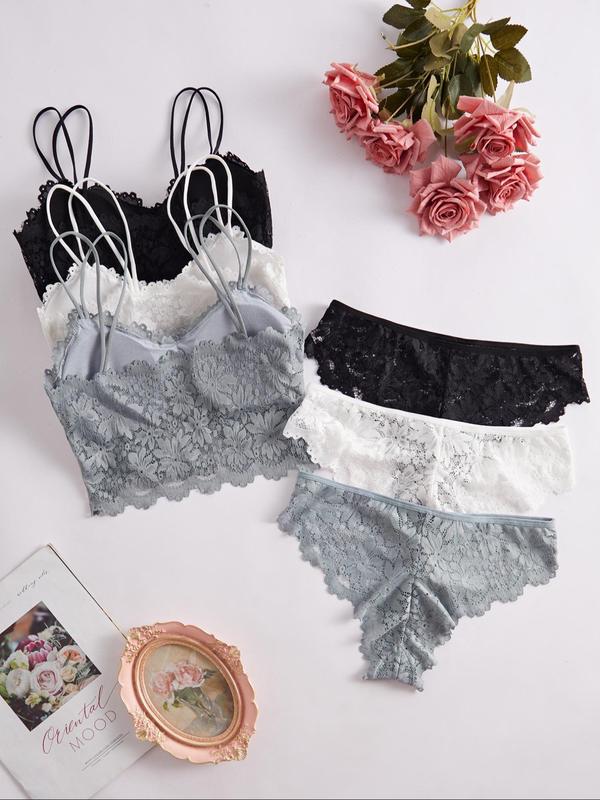 Women's Solid Color Floral Lace Bra & Panty Set, Soft Comfy Breathable Wireless Bra & Panty Set, Lingerie Set for Women