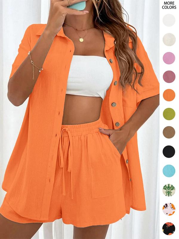 Women's Solid Button Front Shirt & Tie Front Shorts Two-piece Set, Summer Outfits 2024 Sets, Co Ords for Women, Casual Fashion Half Sleeve Drop Shoulder Top & High Waist Wide Leg Shorts Matching Sets for Back To School, Women's Clothes for Summer