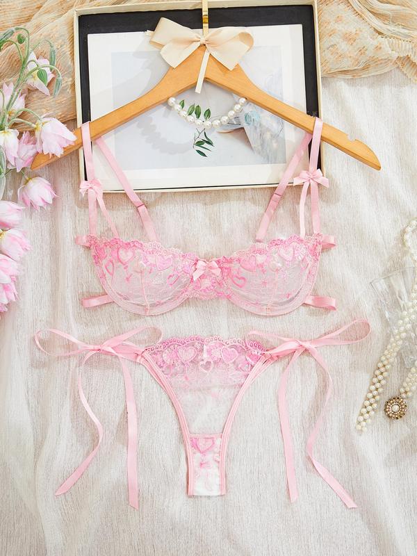 Women's Heart Embroidery Bra & Bow Decor Thong Sexy Lingerie Set, Sexy Comfy Breathable Underwear Set for Daily Wear, Women's Teddy Lingerie & Underwear for All Seasons