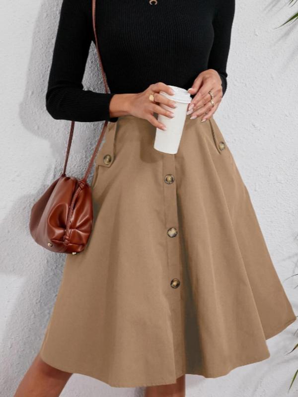 Women's Solid Fake Buttons Pocket A Line Skirt, Elegant High Waist Long Skirt for Work Office Business, Ladies Bottoms for All Seasons