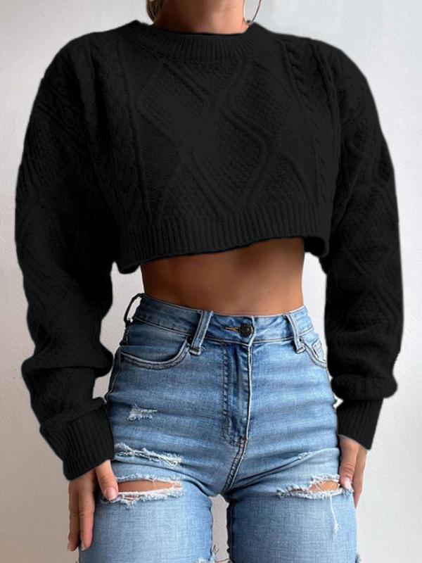 Women's Plain Textured Crop Sweater, Casual Long Sleeve Round Neck Jumper, Women's Spring & Fall Knit Clothing for Daily Wear Fall Sweater