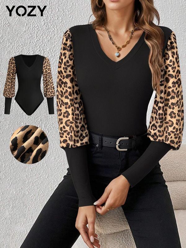 YOZY Women's Leopard Patchwork Snap Button Closure Crotch Bodysuit, Casual Long Sleeve V Neck Bodysuit for Spring & Fall, Ladies Clothes for Daily Wear