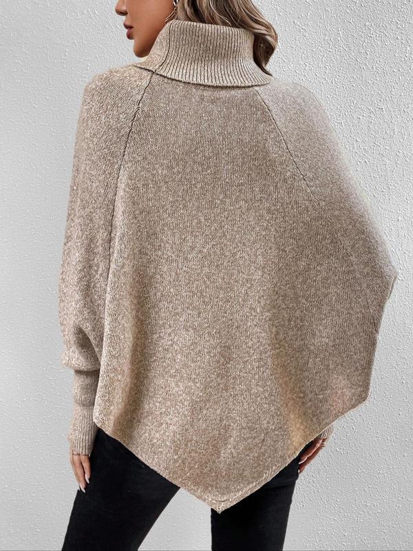 Women's Solid Textured Button Batwing Sleeve Sweater Pullover, Casual Long Sleeve High Neck Jumper for Fall & Winter, Fashion Ladies' Knitwear for Daily Wear