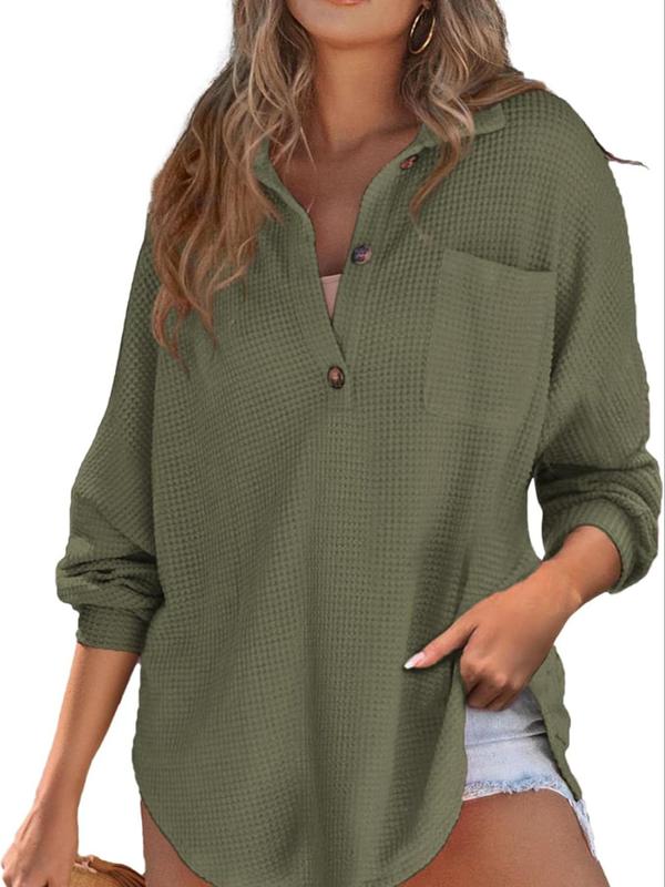 Women's Plain Textured Drop Shoulder Polo Shirt, Casual Long Sleeve Button Front Collared Top for Daily Wear, Ladies Clothes for All Seasons, Fall Outfits, Fallfreshness