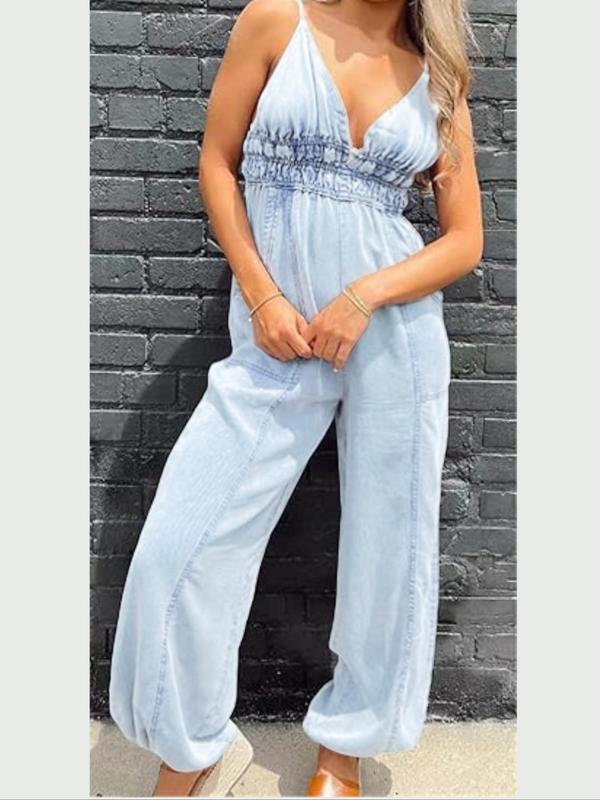 Women's Plain Backless Denim Cami Jumpsuit, Casual Pocket Wide Leg Jumpsuit for Daily Wear, Ladies All Seasons Clothes