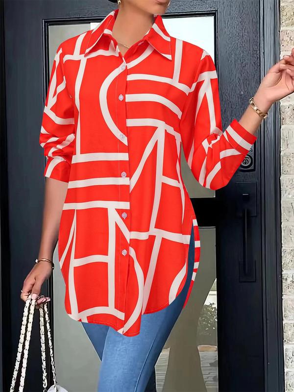 Women's Geometric Print Button Front Split Hem Shirt, Elegant Top, Long Sleeve Collared Blouse for Daily Wear, Ladies Clothes for All Seasons