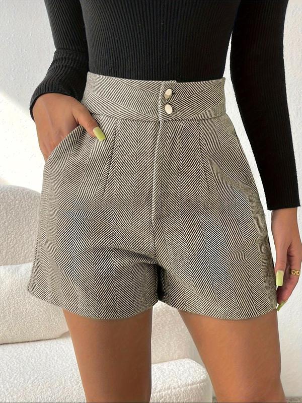 Women's Herringbone Print Button Fly Shorts, Casual Pocket Straight Leg Shorts for Summer, Women's Bottoms for Daily Wear