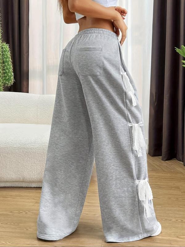 Women's Plain Bow Decor Wide Leg Sweatpants, Casual Elastic Waist Pocket Trousers for Daily Wear, Ladies Bottoms for All Seasons