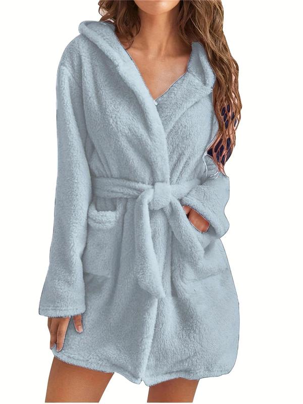 Women's Solid Belted Wrap Pocket Lounge Robe, Casual Long Sleeve Bedroom Drop Shoulder Bathrobe, Ladies Sleepwear for Fall & Winter