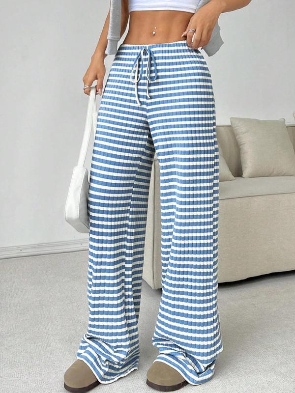 Women's Waffle Knit Striped Print Drawstring Waist Wide Leg Pants, Casual Comfy Trousers for Daily Wear, Ladies Bottoms for All Seasons