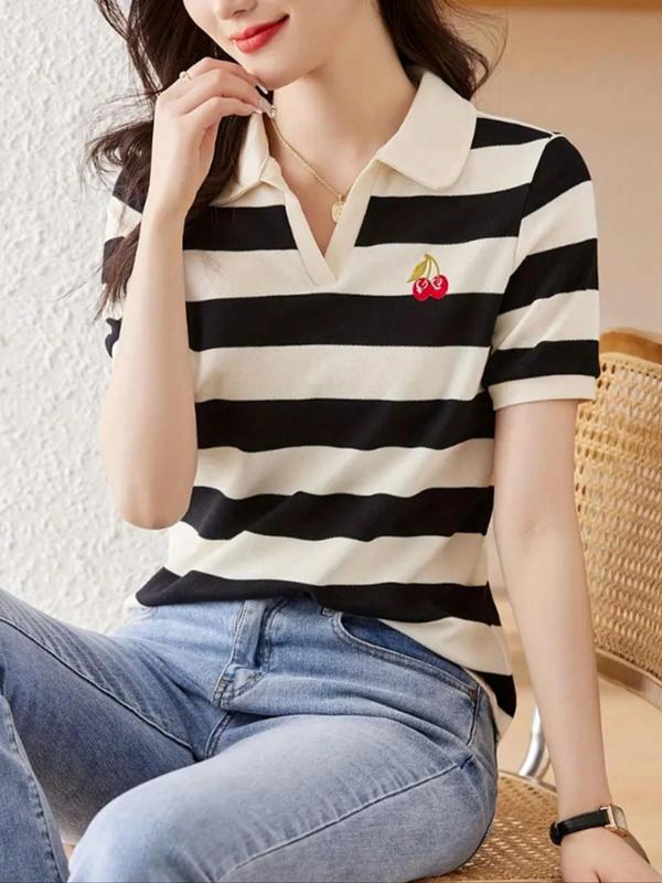 Women's Striped Print Cherry Embroidery Short Sleeve Polo Shirt, Casual Collared T-Shirt for Daily Outdoor Wear, Ladies Clothes for All Seasons