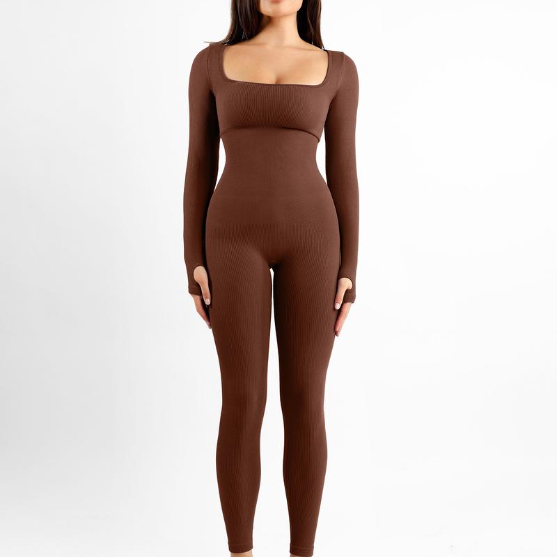 FeelinGirl The Jumpsuit Seamless Thumb Hole Square Neck Long Sleeve Soft Fabric Simple Womenswear