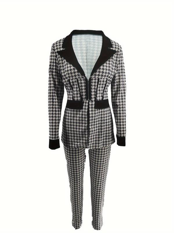 Two-Piece Set Women's Houndstooth Print Zipper Lapel Neck Blazer & Elastic Waist Skinny Pants, Fall Matching Sets, Elegant Fashion Casual Outfits for Work Office Business, Ladies Clothes for All Seasons