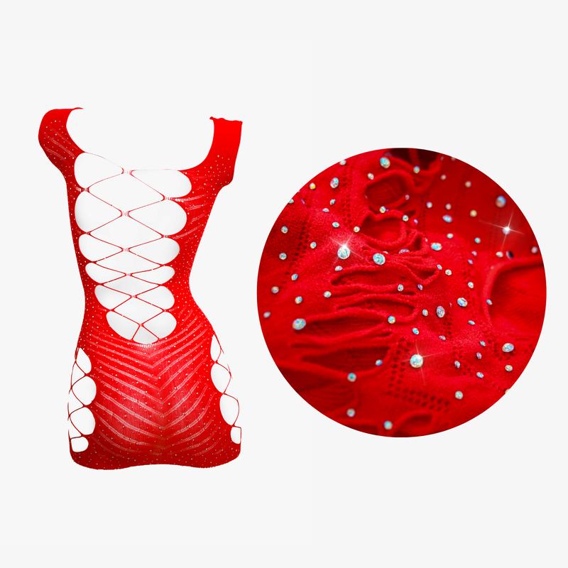 Free Tonight Women’s Red Rhinestone Bodystocking Dress, Elegant Womenswear One Size Fit Most Body Type, Party Sexy Chic Lingerie One Piece Gift