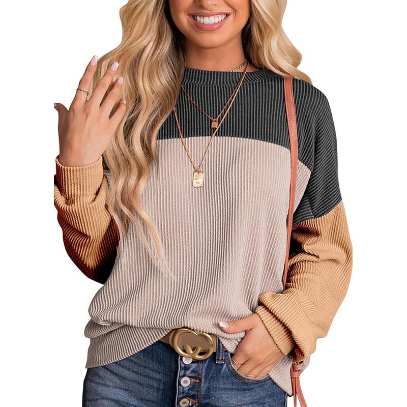 Womens Fashion New Color Block Long Sleeve Crewneck Knitted Casual Loose Pullover Shirts Tops