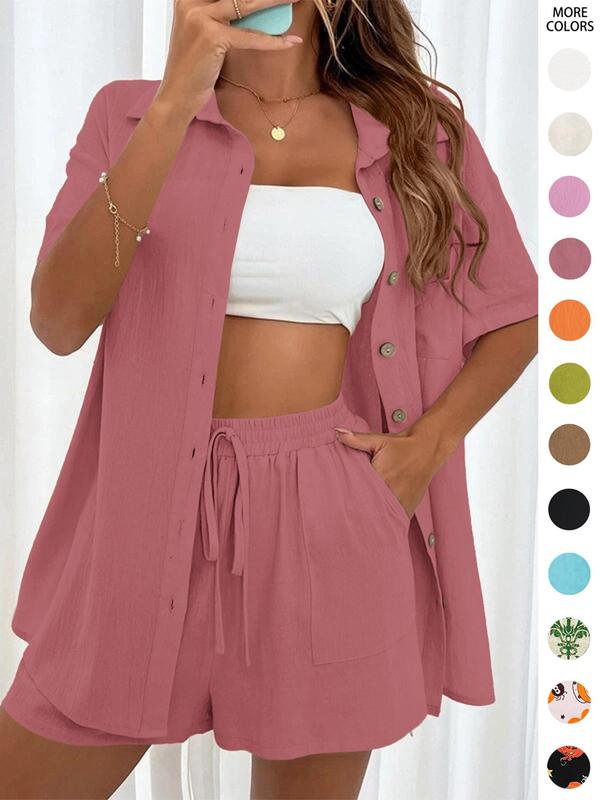 Women's Solid Button Front Shirt & Tie Front Shorts Two-piece Set, Summer Outfits 2024 Sets, Co Ords for Women, Casual Fashion Half Sleeve Drop Shoulder Top & High Waist Wide Leg Shorts Matching Sets for Back To School, Women's Clothes for Summer