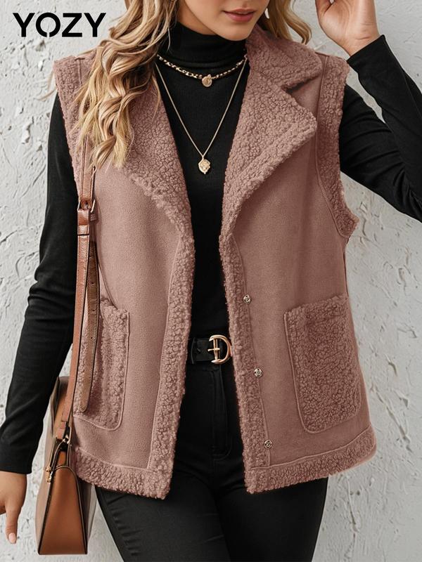 YOZY Women's Solid Button Front Lapel Plush Vest Jacket, Casual Sleeveless Pocket Outerwear for Fall & Winter, Women's Clothes for Daily Wear