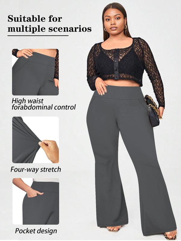  Solid High Waist Flare Leg Pants, Casual Comfy Pocket Trousers for Daily Wear, Women's Bottoms for All Seasons