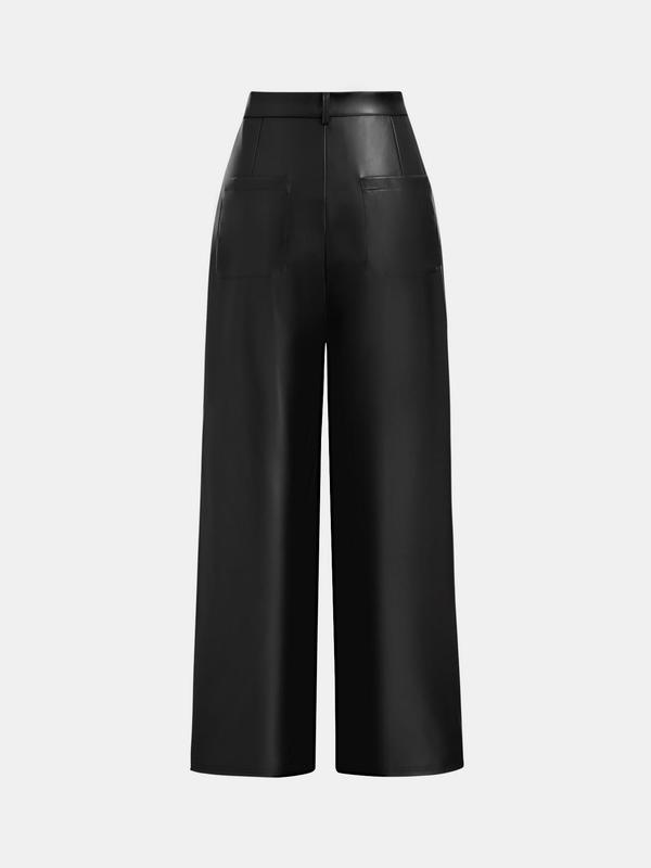 YOZY Black Friday Deals Women's Solid High Waist Straight Leg PU Leather Pants, Fashion Casual Button Fly Pocket Trousers for Daily Outdoor Wear, Women's Bottoms for Spring & Fall, Christmas 2024 Trend, Thanksgiving Clothes, Fall Clothes, Winter Clothes