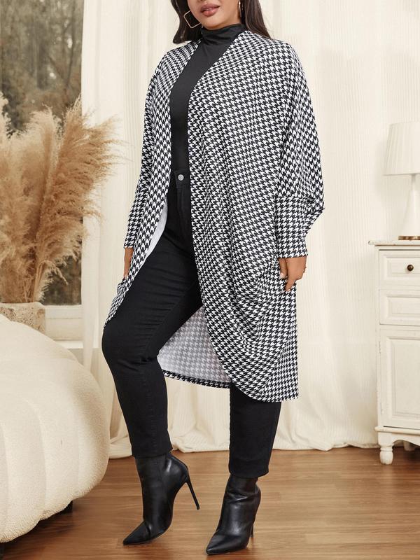 Black Friday Deals CURVZY Plus Size Houndstooth Print Batwing Sleeve Open Front Jacket, Casual Long Sleeve Outerwear for Daily Wear, Christmas 2024 Trend,Thanksgiving Clothing,Fall Clothing,Winter Clothing