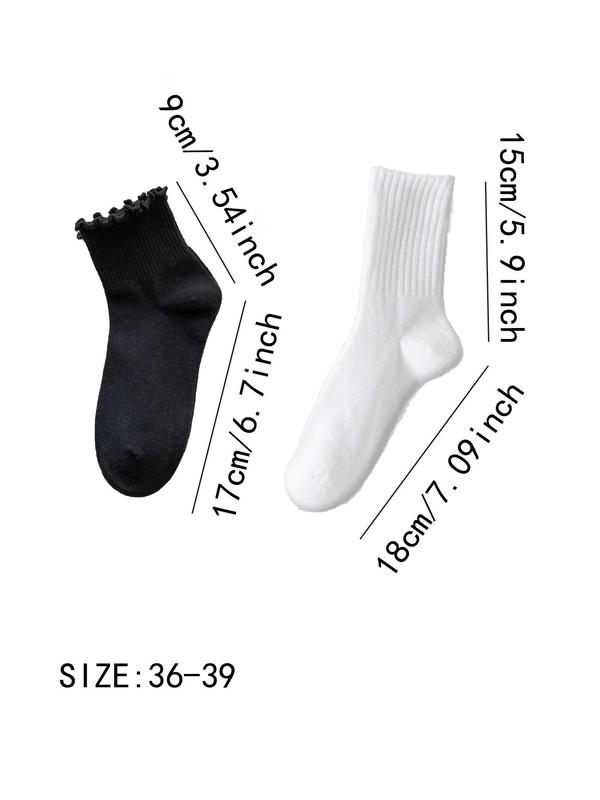 Women's Solid Lettuce Trim Crew Socks, Casual Comfy Breathable Mid-calf Socks for Daily Wear, Women's Socks for All Seasons