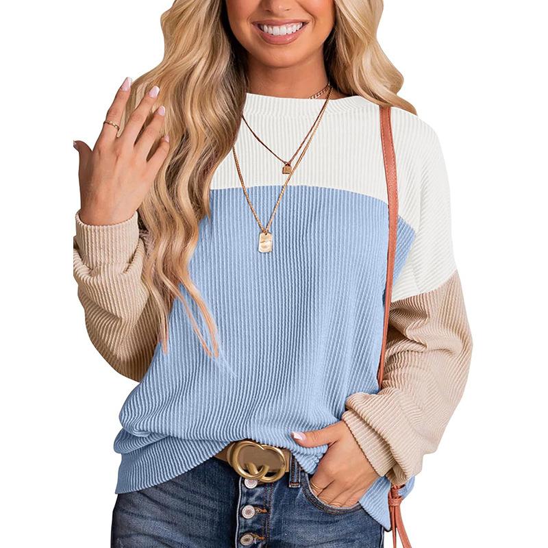 Womens Fashion New Color Block Long Sleeve Crewneck Knitted Casual Loose Pullover Shirts Tops