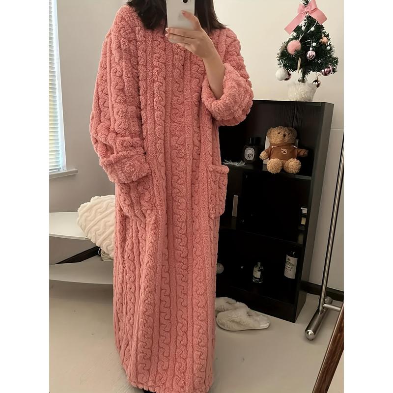 1pc Women'S Long Coral Velvet Sleeping Gown, Winter Cozy Warm Pajama Robe with Pockets, Thickened High-Density Fabric, Solid Color, Casual Style, Adult Home Wear