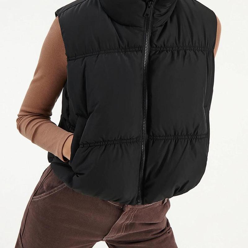 Women's Solid Color Cropped Puffer Vest with Zipper and Standup Collar warm  vest Zip Up Sleeveless Puffer Vest Women's Lightweight zipper vest