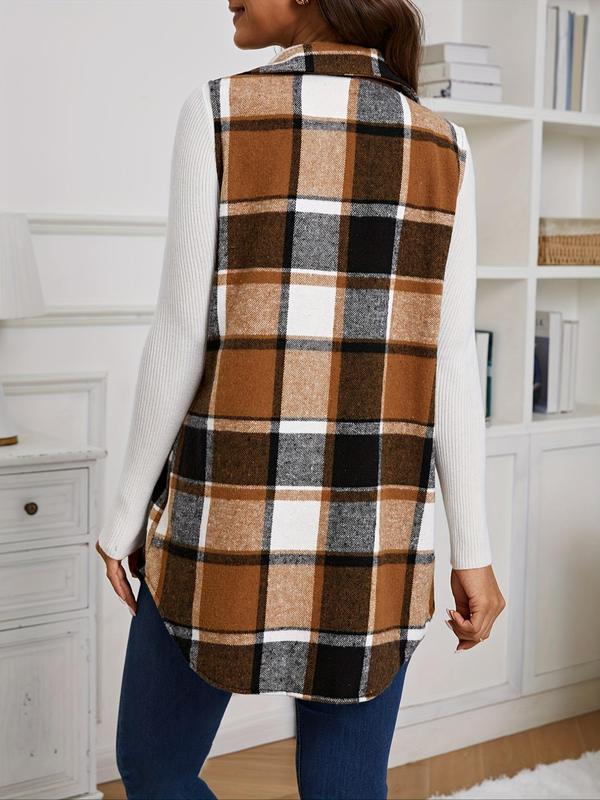 Women's Plaid Print Button Front Pocket Vest Coat, Casual Sleeveless Collared Outerwear for Fall & Winter, Ladies Clothes for Daily Wear Winter Clothes Women