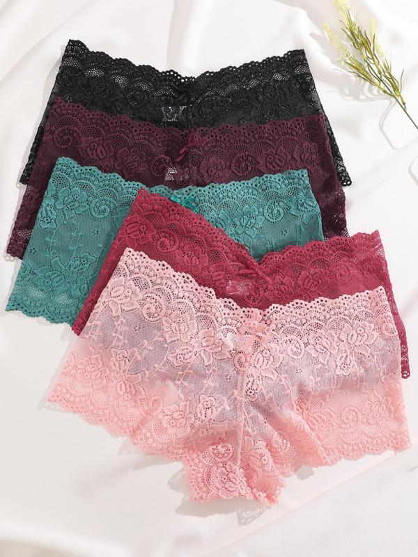 Women's Floral Lace Bow Scallop Sheer Knicker, Comfy Breathable Cozy Panties for Daily Wear, Women's Fall Underwear Bottoms, Back-to-school Clothing, Womenswear Clothes, Girlfriend Gift Bundle, Gifts for Her, Lingerie for Women