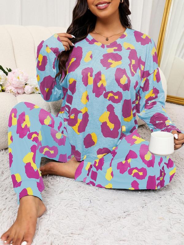 2 Piece Set Plus Size Leopard Print Pyjama Set, Casual Drop Shoulder Tee & Plain Pants Set for Women, Women's Sleepwear for Spring & Fall,  Pyjamas for Women