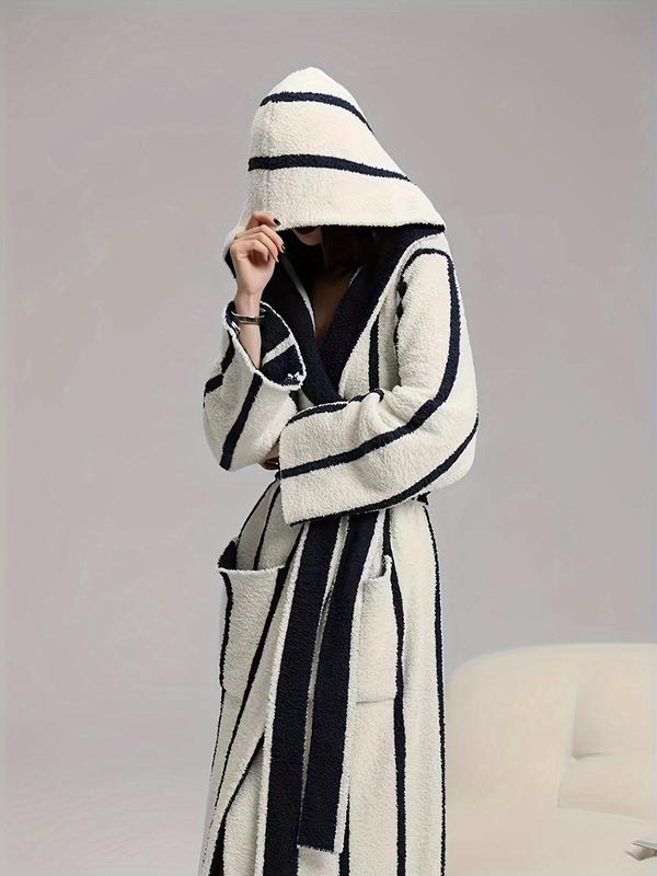 Couple  Striped Print Belted Lounge Robe, Casual Long Sleeve Drop Shoulder Pocket Design Bathrobe, Couple Sleepwear for Fall & Winter