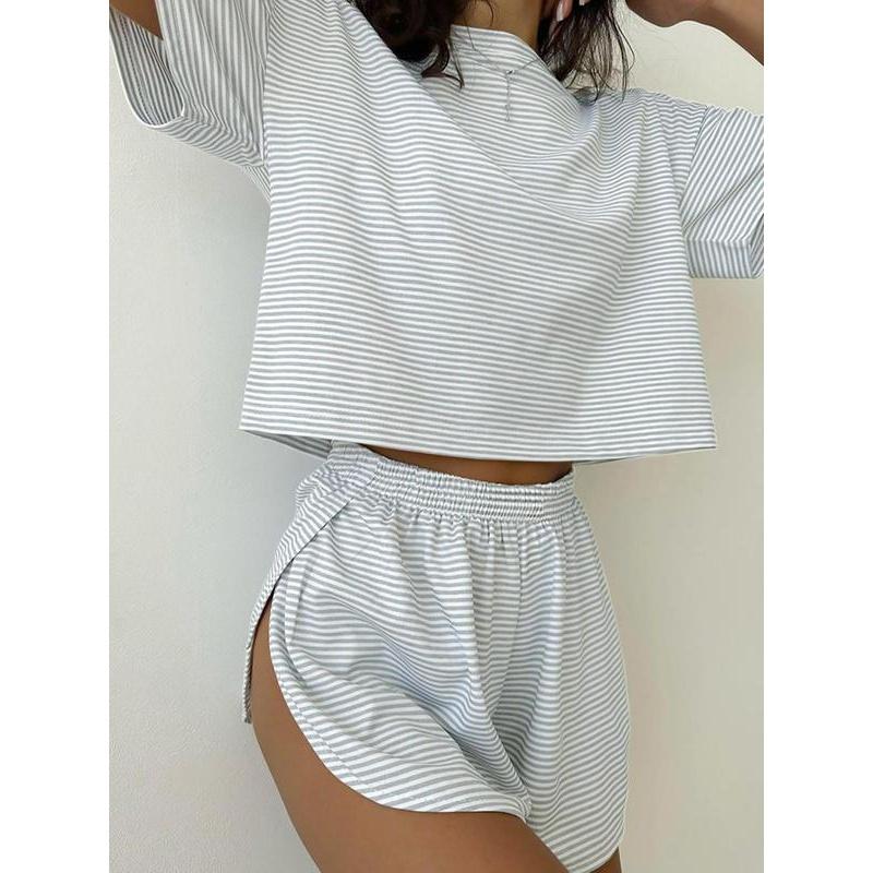 Two-Piece Set Women's Striped Print Drop Shoulder Tee & Wrap Split Shorts Pyjama Set, Comfy Short Sleeve T-shirt & Elastic Waist Shorts Pj Set, Back To School Wear Lounge Sets, Pajama Sets Women, Fall Clothes Loungewear Nightwear