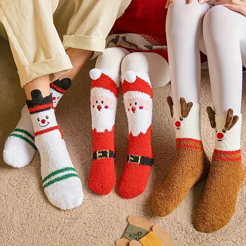 Christmas Themed Socks, 3 Pairs Cute Cartoon Reindeer & Santa Claus & Snowman Pattern Socks, Warm Floor Socks, Sleep Socks, Party Supplies