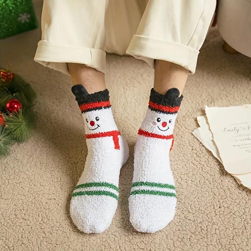 Christmas Themed Socks, 3 Pairs Cute Cartoon Reindeer & Santa Claus & Snowman Pattern Socks, Warm Floor Socks, Sleep Socks, Party Supplies